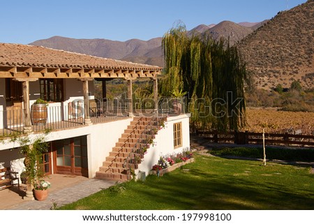 Spanish style architecture of the historic Hacienda Juntas in the Limari Valley of central Chile.