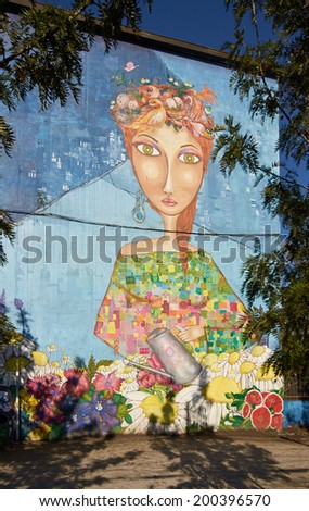 SANTIAGO, CHILE - JUNE 13, 2014: Colourful murals adorning the walls of tenement blocks in the San Miguel area of Santiago, Chile. The murals were created to revitalise this once run down area.
