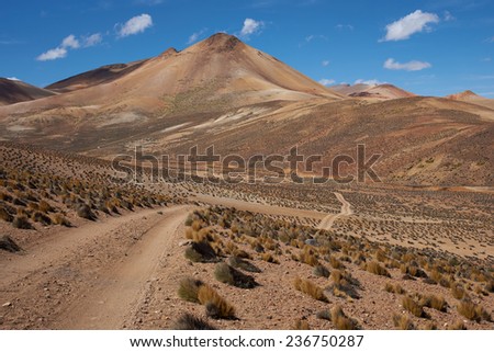 Gravel road running through the colourful desert landscape in Lauca National Park set in the altiplano of northern Chile