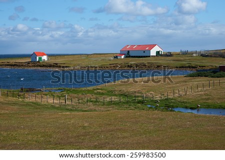 Farm buildings on the coast of Bleaker Island in the Falkland Islands