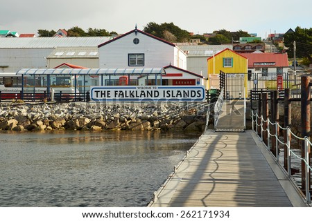 STANLEY, FALKLAND ISLANDS - FEBRUARY 13, 2015: Jetty used by visitors arriving by sea in Stanley, capital of the Falkland Islands.