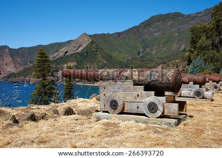 Historic Spanish fort overlooking Cumberland Bay and the town of San Juan Bautista on Robinson Crusoe Island, one of three main islands in the Juan Fernandez Islands 400 miles off the coast of Chile