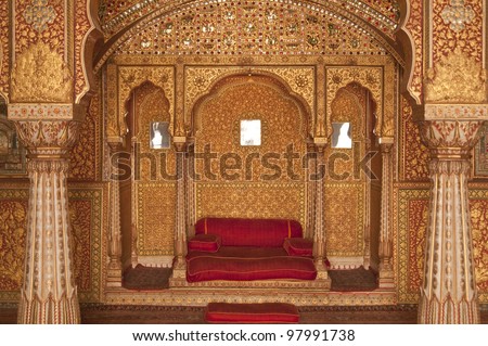 Ornately decorated room inside the palace of the Maharjah of Bikaner. Rajasthan, India