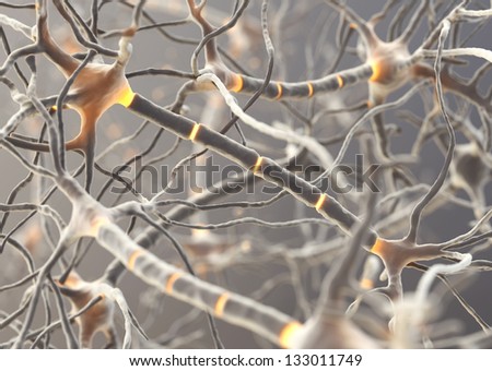 Neuron cells transmitting information. 3D render.