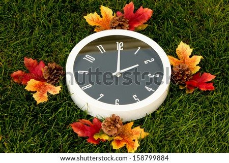 Daylight Saving Daylight saving clock, set at 2 a.m.  A white clock surrounded by fall leaves, the background of the image is dark green grass.