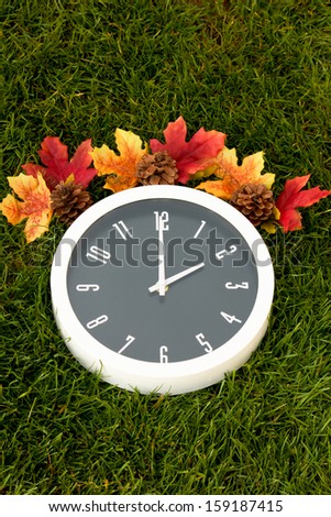 Daylight Saving Time Fall Clock Fall daylight saving time clock, the background of the image is dark green grass.  The top of the white clock has fall leaves and pine cones.