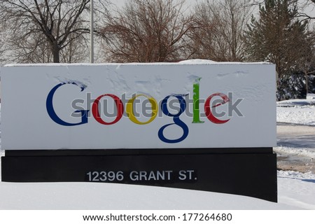 Westminster, Colorado/U.S.A. - March 24, 2013: Entrance Sign To Google Corporation In Colorado. The Sign And Logo Have A Light Dusting Of Snow With Snow Covered Ground.