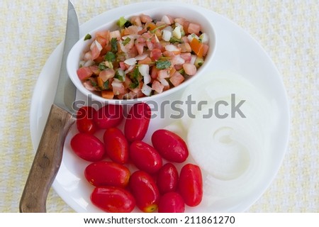 Pico de Gallo Dish white bowl with fresh made pico de gallo. Surrounding the pico de gallo is ingredients, red grape tomatoes and sliced onion. There is a knife to the left side on a round white plate