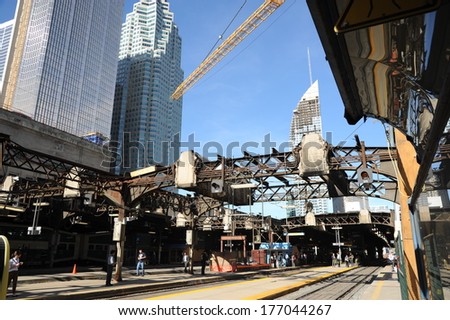 TORONTO, ONTARIO - MAY 7: Union Station in Toronto under construction on May 7, 2013.Vast glass atrium supported by 48 steel struts will be built over the old structure bringing light and open space.