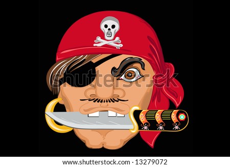 The one-eyed pirate in a scarf and a dagger in a teeth on a black background