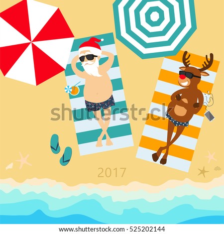 Christmas holiday. Santa Claus and deer Rudolph relax on the beach. Greeting Christmas card 2017