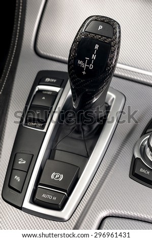 Sport car automatic transmission. Interior detail.