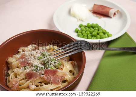 Fettuccine papalina, Dish of traditional Roman cuisine, pasta with peas ham onion eggs