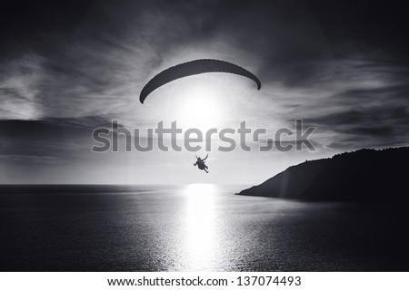 parachutist flying at sunset over the bay