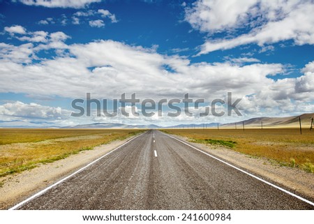 Straight road goes to horizon on background of sky and mountains