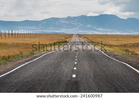 Straight road goes to horizon on background of mountains