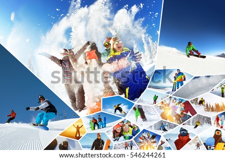 Big photo collage of winter sports ski and snowboarding. Groups of friends and individuals having fun, riding and jumping on slope and off-piste