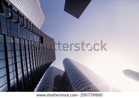 Fish-eye View of Modern Architecture in Paris. Business Concept