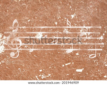 Grunge music staff with notes, brown background