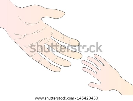 Small child\'s hand reaches for the big hand man isolated on white background