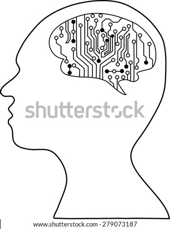 Technological brains . silhouette of the head and  brain. process of human thinking. The concept of intelligence. People communication with the outside world.