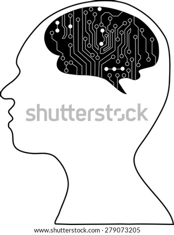 Technological brains . silhouette of the head and  brain. process of human thinking. The concept of intelligence. People communication with the outside world.