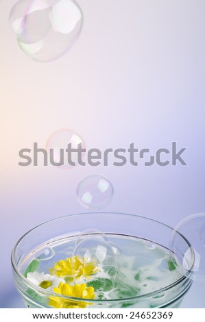 Sea salt dissolved in  water with flowers and soap bubbles.