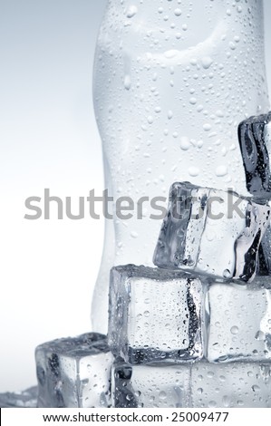 Light blue mineral water bottle and ice cubes