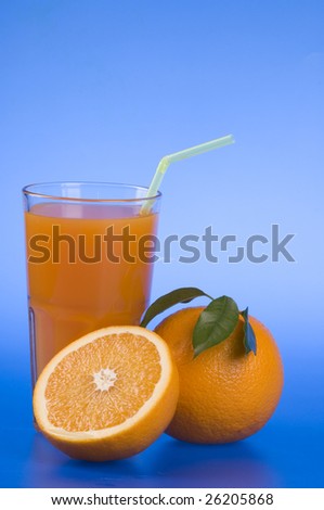 Fresh orange food and juice  over blue background