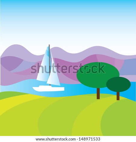 Yacht floats down the river. Mountain landscape. Vector illustration