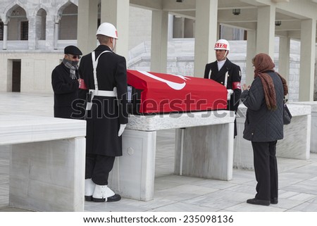 ANKARA, TURKEY-MARCH 24, 2013: Two Turkish soldiers are on honor guard for the funeral of a retired military personnel outside the iconic Kocatepe Mosque in Turkish capital Ankara.
