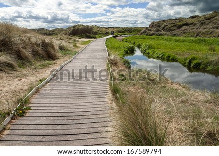 Wooden walkway through the sand dune / wooden pathway