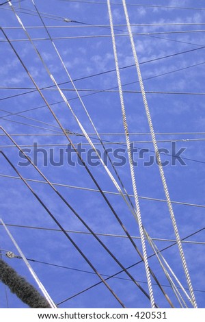 Various ropes and pulleys used to keep up sails of a Tall Ship