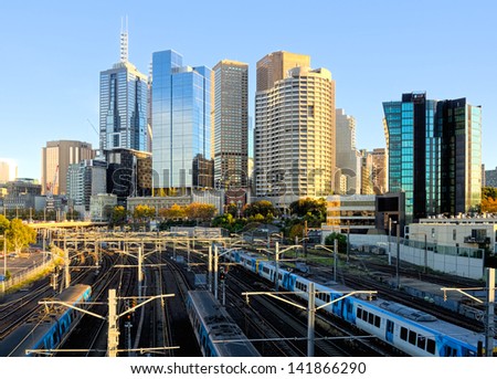 Trains taveling in and out of the city of Melbourne, Australia