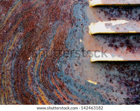 Intricate colorful rust patter on a painted surface in need of repair, with vents