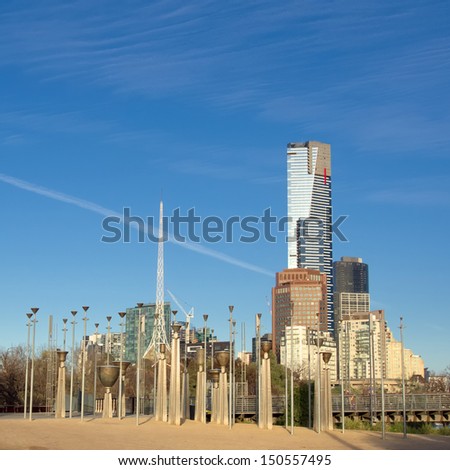 melbourne skyline early morning with blue sky