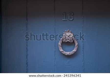 Blue English period wooden front door with ornate iron door knocker. House number position above door knocker. Soft natural light with some shadow.