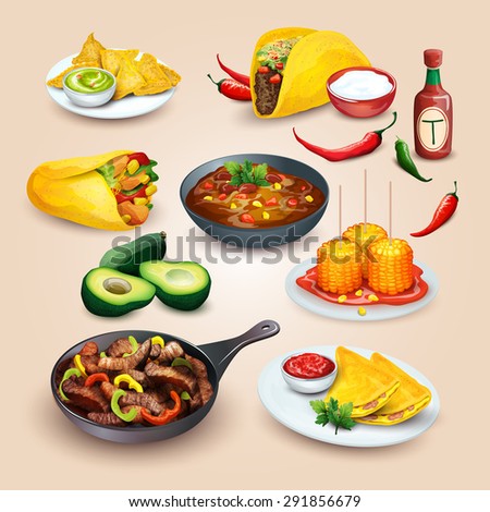 Mexican food. Colorful food illustrations in one set