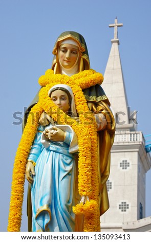 Maria and Jesus statue in front of the church in Thailand