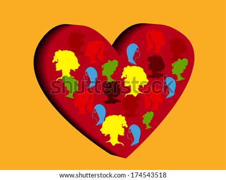 Valentines Day background.3  Different profiles of a female head on a background of hearts.