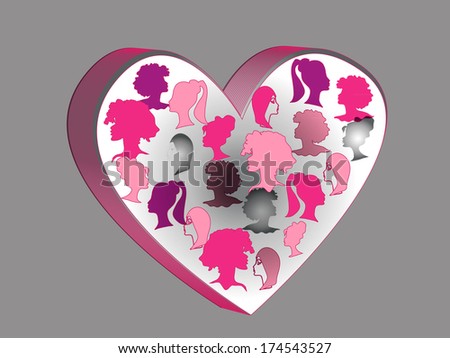 Valentines Day background.  Different profiles of a female head on a background of hearts.