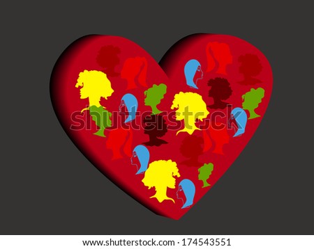 Valentines Day background2.   Different profiles of a female head on a background of hearts.