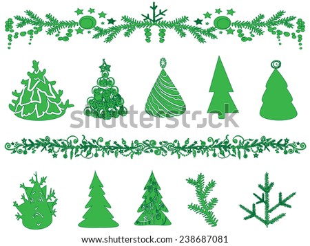 Set of silhouettes of Christmas trees and garlands.  Illustration.