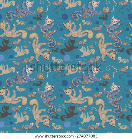 Seamless pattern with cheerful cats.Cats joyfully play with balls of woolen threads. Seamless pattern. Square  illustration.