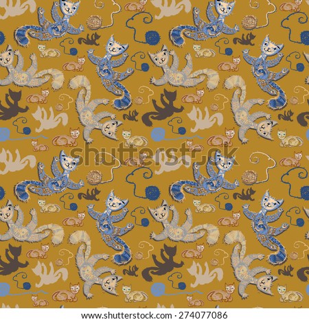 Seamless pattern with cheerful cats.Cats joyfully play with balls of woolen threads. Seamless pattern. Square  illustration.