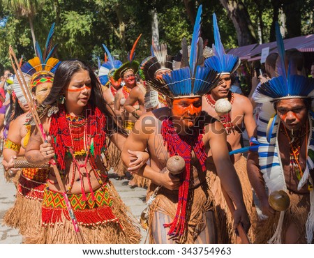 RIO DE JANEIRO, BRAZIL - AUGUST 9, 2015: Meeting between various tribes of Native Brazilian Indians, each one showing their culture, dance, music, food, etc.