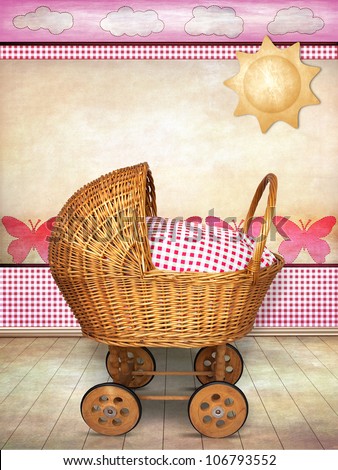 Poster/ Card with vintage baby wicker carriage for baby girl  in room