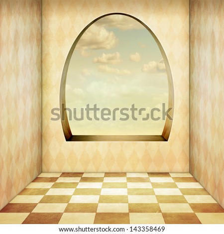 Enmpty room with tile floor,  oval window and old wallpaper