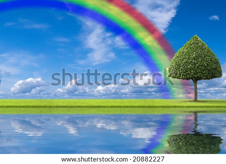 A beautiful landscape with green tree and rainbow for a good spirits
