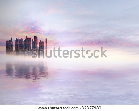 Beautiful romantic Science-Fiction City-Water-Landscape with sunset for background